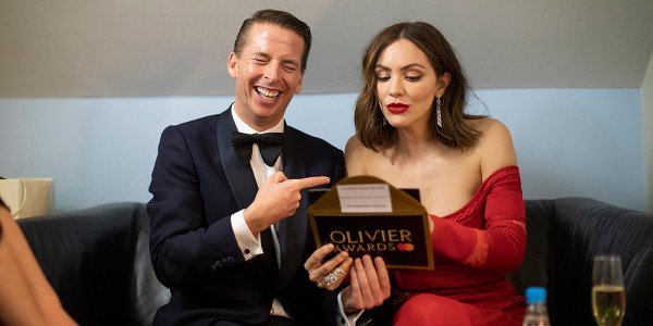 Jack McBrayer and Katharine McPhee at the 2019 Olivier Awards. Photo by David Levene.