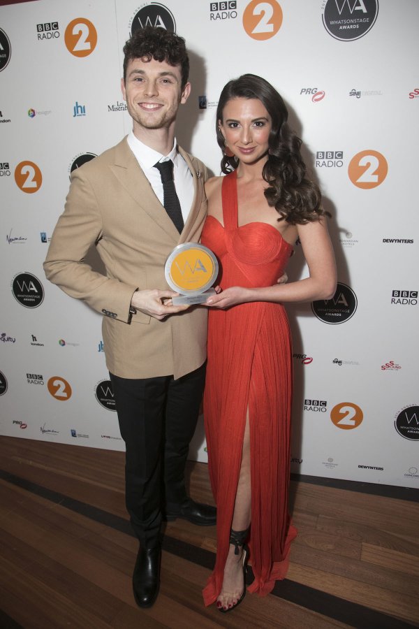 Charlie Stemp and Zizi Strallen with the Mary Poppins Best Musical Revival Award. Photo credit Dan Wooller