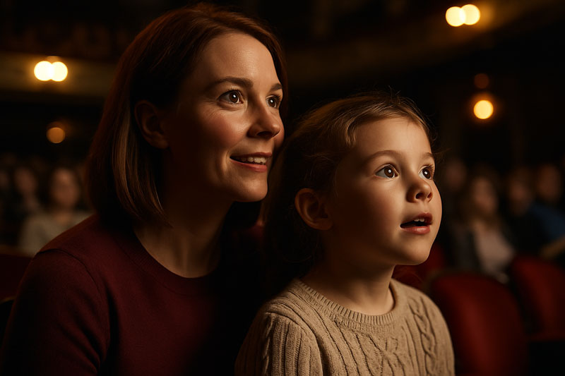 A diverse family sits together on a couch, smiling and watching a television screen in a cozy living room.