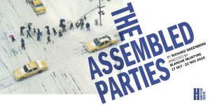 The background is white. On the left is a birds eye view image of a street. People in dark clothing can be seen walking and a yellow taxi. On the right it reads 'The Assembled Parties'