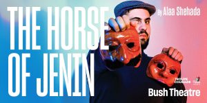 In the centre stands a person holding two red masks. On the left it reads 'Horse Of Jenin'