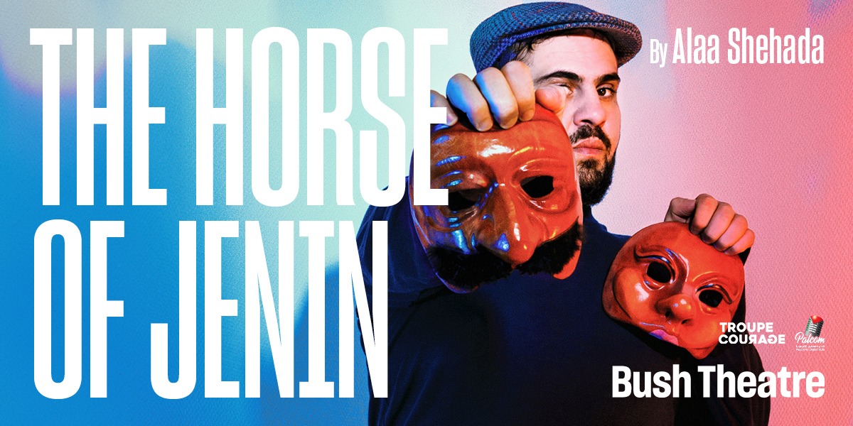 In the centre stands a person holding two red masks. On the left it reads 'Horse Of Jenin'