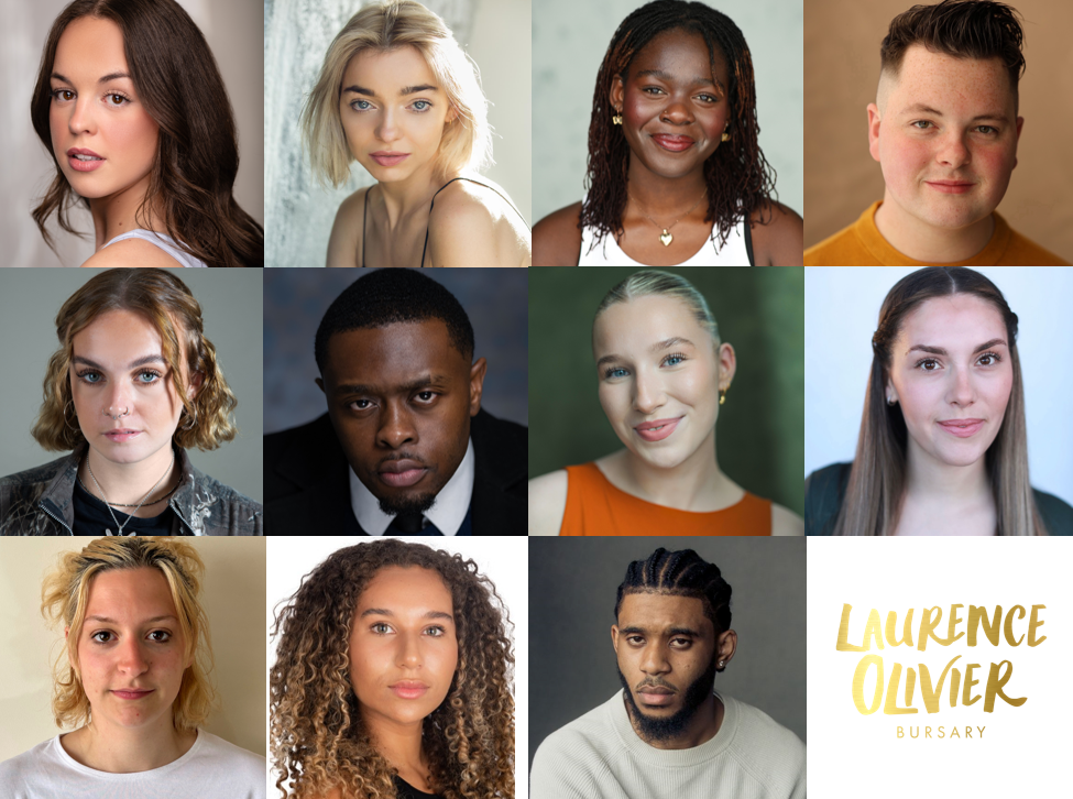 A group of diverse individuals celebrating, holding awards, with a backdrop featuring a banner for the Laurence Olivier Bursaries.