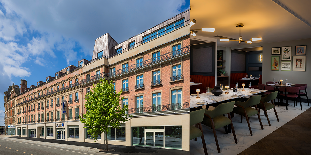 A photo collage showing two images. 1 shows the red brick outside of the Radisson Blu hotel. The second photo shows the dining room with smart green chairs and a white marble table. 